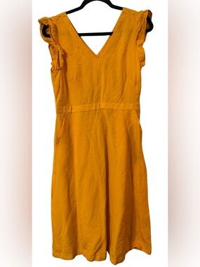 LOFT Linen Blend Mustard Yellow Midi Dress Sz 6 Ruffle Sleeve V-Neck w/ pockets!